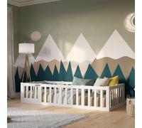 Crazy Pine Lit Enfant 190x140 cm - Lit Montessori au Sol avec Barrière 40 cm et Barrière Amovible - Bois Blanc avec Surface Lisse - Parfait pour Garçons et Filles Crazy Johnny