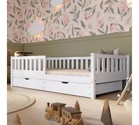Crazy Pine Lit Enfant avec Tiroirs 160x80 cm - Montessori au Sol en Bois Massif Blanc avec Barrière - Sécurisé pour Tout-Petit - Design Scandinave, Montage Facile - Crazy Basic