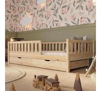 Crazy Pine Lit Enfant avec Tiroirs 200x100 cm - Montessori au Sol en Bois Massif avec Barrière - Sécurisé pour Tout-Petit - Design Scandinave, Montage Facile - Crazy Basic
