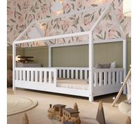 Crazy Pine Lit Maisonnette 190 x 90 cm - Bois Blanc avec Barrière - Design Scandinave, Lit Montessori au sol avec pieds réglables en hauteur - Crazy Blanco