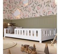 Crazy Pine Lit Montessori au Sol Blanc 160x80 cm avec Barrière en MDF - Sécurisé pour Tout-Petit avec Bords Arrondis - Entrée à Gauche - Montage Facile - Crazy Ethan