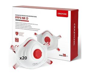 CRAZYCHIC - x20 Masque FFP3 NR D - Masque Coque Anti Poussière avec Valve Norme CE EN149 - Protection Respiratoire Particules Fines