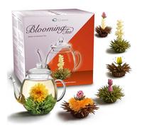 Creano Coffret Cadeau Fleurs de Thé Mix 6 pcs - Théière en Verre 500ml sans goutte - 3x Thé Noir & 3x Thé Blanc - Idée Cadeau Femme, Maman, Anniversaire