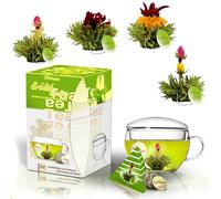 Creano Coffret Cadeau Teelini 10 pcs - 8 Fleurs de Thé Vert en Portion de Tasse avec Tasse en Verre 200ml & Couvercle - Idée Cadeau Collègue, Bureau & Détente