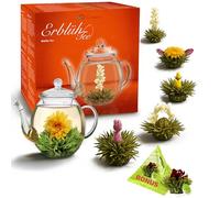 Creano Coffret „Thé en Floraison“ 6 thés de fleurs + 1 Boule Bonus - Théière en verre 500ml sans goutte - 6 variétés de thé blanc - Idée cadeau exceptionnelle