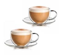 Creano Lot de 2 Tasses à Café Double Paroi 250 ml avec Anse et Sous-tasse - Verres Isothermes en Borosilicate pour Boissons Chaudes & Froides