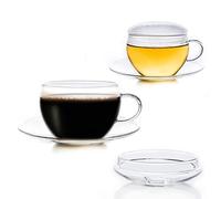 Creano Lot de 2 Tasses à Thé 200ml en Verre Borosilicate avec Soucoupes et Couvercles - Set Duo pour Thé, Café & Cappuccino