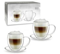 Creano Lot de 2 Tasses à Thé Double Paroi 250ml avec Soucoupes - Tasses Thermiques Bombées en Verre Borosilicate - Design Élégant & Isotherme