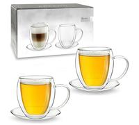 Creano Lot de 2 Tasses à Thé Double Paroi XXL 400ml avec Soucoupes - Grandes Tasses Thermiques Bombées en Verre Borosilicate - Set Duo
