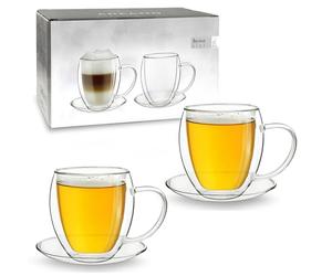 Creano Lot de 2 Tasses à Thé Double Paroi XXL 400ml avec Soucoupes - Grandes Tasses Thermiques Bombées en Verre Borosilicate - Set Duo