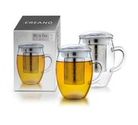 Creano Lot de 2 Verres à Thé All-in-One 400 ml avec Filtre en Acier Inoxydable et Anse - Tasses à Thé en Verre Borosilicate avec Couvercle
