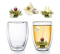 Creano Lot de 2 Verres à Thé Double Paroi 250ml - Verres Thermiques en Borosilicate pour Café & Latte - incl. 2 Fleurs de Thé Blanc Teelini