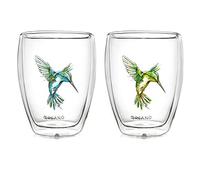 Creano Lot de 2 Verres Thermiques Double Paroi 250 ml Hummi - Verres à Café & Thé en Verre Borosilicate avec Motif Colibri Bleu & Vert - Coffret Cadeau