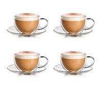 Creano Lot de 4 Tasses à Café Double Paroi 250 ml avec Anse et Sous-tasse - Verres Isothermes en Borosilicate pour Boissons Chaudes & Froides
