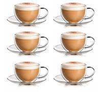 Creano Lot de 6 Tasses à Café Double Paroi 250 ml avec Anse et Sous-tasse - Verres Isothermes en Borosilicate pour Boissons Chaudes & Froides