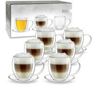 Creano Lot de 6 Tasses à Thé Double Paroi 250ml avec Soucoupes - Grand Set de Service Thermique Bombé en Verre Borosilicate - Idéal pour Gastronomie & Famille