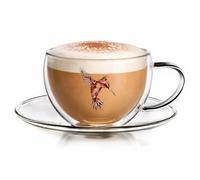 Creano Tasse à Thé Double Paroi 250ml avec Soucoupe Hummi - Motif Colibri Inaltérable - Verre Thermique en Borosilicate pour Thé, Café & Cappuccino - Rouge