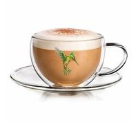 Creano Tasse à Thé Double Paroi 250ml avec Soucoupe Hummi - Motif Colibri Inaltérable - Verre Thermique en Borosilicate pour Thé, Café & Cappuccino - Vert