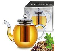 Creano Théière 1,6 l en verre borosilicaté "haute" avec filtre en acier inoxydable amovible et couvercle en verre - élégante et anti-goutte - pour thé en vrac et fleurs de thé