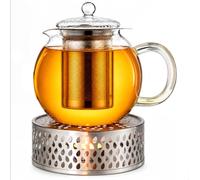 Creano Théière en verre "bec" 0,85 l anti-goutte avec filtre inox et réchaud "Leaf" argent - théière borosilicate pour thé en vrac, sachets de thé et fleurs de thé