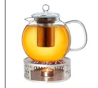 Creano Théière en verre "bec" 1,7 l anti-goutte avec filtre inox et réchaud "Leaf" argent - théière borosilicate pour thé en vrac, sachets de thé et fleurs de thé