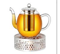 Creano Théière en Verre Haute 1,5 l Anti-Goutte avec Filtre INOX et réchaud Leaf Argent - théière Borosilicate pour thé en Vrac, sachets de thé et Fleurs de thé