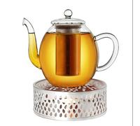 Creano Théière en Verre Haute 1 l Anti-Goutte avec Filtre INOX et réchaud Leaf Argent - théière Borosilicate pour thé en Vrac, sachets de thé et Fleurs de thé
