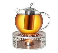 Creano Théière en Verre „Jumbo“ 1 l Anti-Goutte avec Filtre INOX et réchaud „Leaf“ Argent - théière Borosilicate pour thé en Vrac, sachets de thé et Fleurs de thé