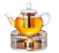 Creano Théière en verre "plate" 0,8 l anti-goutte avec filtre inox et réchaud "Leaf" argent - théière borosilicate pour thé en vrac, sachets de thé et fleurs de thé
