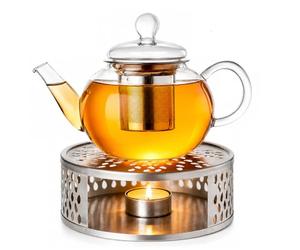 Creano Théière en verre "plate" 0,8 l anti-goutte avec filtre inox et réchaud "Leaf" argent - théière borosilicate pour thé en vrac, sachets de thé et fleurs de thé