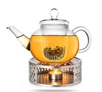 Creano Théière en verre „Plate“ 1,2 l anti-goutte avec filtre en verre et réchaud „Leaf“ argent - théière borosilicate pour thé en vrac, sachets de thé et fleurs de thé