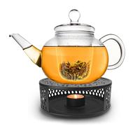 Creano Théière en verre „Plate“ 1,2 l anti-goutte avec filtre en verre et réchaud „Leaf“ noir - théière borosilicate pour thé en vrac, sachets de thé et fleurs de thé