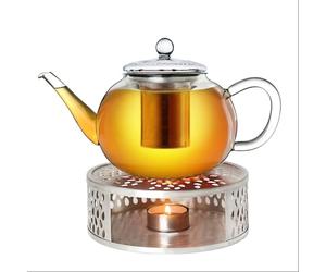 Creano Théière en verre "plate" 1,2 l anti-goutte avec filtre inox et réchaud "Leaf" argent - théière borosilicate pour thé en vrac, sachets de thé et fleurs de thé