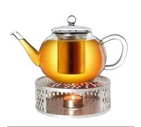 Creano Théière en Verre Plate 1,6 l Anti-Goutte avec Filtre INOX et réchaud Leaf Argent - théière Borosilicate pour thé en Vrac, sachets de thé et Fleurs de thé