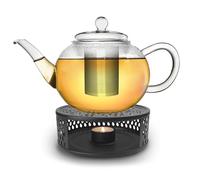 Creano Théière en verre "plate" 1,6 l anti-goutte avec filtre inox et réchaud "Leaf" noir - théière borosilicate pour thé en vrac, sachets de thé et fleurs de thé