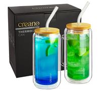 Creano Verre à double paroi avec couvercle en bambou et paille - 360 ml - Lot de 2 - Gobelets à smoothie - Bubble Tea - Verre à cocktail