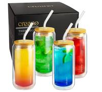 Creano Verre à double paroi avec couvercle en bambou et paille - 360 ml - Lot de 4 - Gobelets à smoothie - Bubble Tea - Verre à cocktail
