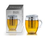 Creano Verre à Thé All-in-One 400 ml avec Filtre en Acier Inoxydable et Anse - Tasse à Thé en Verre Borosilicate avec Couvercle