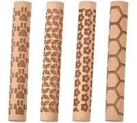 CREATCABIN 4 Rouleau à Pâtisserie Bois pour Texture d'argile Kit Modelage d'argile Outils Poterie Rouleau à Pâtisserie Patte Hexagone Feuille Fleur Artisanat Fait Main Peinture sur Céramique 10x1.5cm