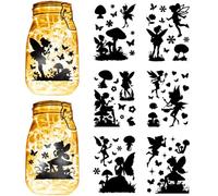 CREATCABIN 6 Feuille 6 Styles D'Autocollants Silhouette Fée Décor Bocal Mason Forme Champignon Décalcomanies Fleurs Papillons Anges Scrapbooking pour Bocaux Lanterne Fenêtre Verre Givré Lampe 20x15cm