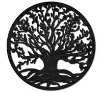 CREATCABIN Arbre Vie Art Mural Panneau Bois Découpes Noir Naturel Bois Rond Arbres Thème Rustique Silhouette Sculpture Décoration Suspendre pour Salon Maison Bureau Décoration Accessoires 30x30cm