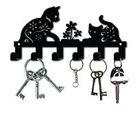 CREATCABIN Crochet de n Métal Noir Crochets pour Clés Support Mural Cintre Décor Organisateur Suspendu Rock Décoratif avec 6 Crochets Motif Chat et Fleur pour Porte D'Entrée Porte