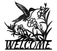 CREATCABIN Décoration Murale Métal avec Oiseau Fleur Décoration Murale Bienvenue Plantes Colibri Sculpture Fer Noir Ornement pour Porte Jardin Maison Intérieur Ou Extérieur 30x30cm