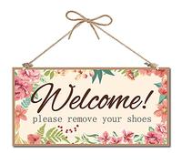 CREATCABIN Panneau décoratif en bois « Welcome Please Remove Your Shoes » - Décoration d'intérieur - Panneau en bois à suspendre - Décoration murale pour cour, maison, porte d'entrée, terrasse - 30,5
