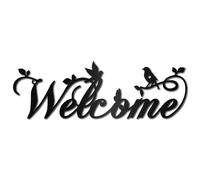CREATCABIN Panneau Mural de Bienvenue en Métal Noir Art Mural en Fer Mots Creux Silhouette D'Oiseau Panneau Décoratif Sculpture Ornement pour Porche Salon Maison Bureau Jardin Balcon 30x10cm