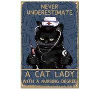 CREATCABIN Panneau Vintage en Métal pour Infirmière et Chat-Plaque de Peinture en Fer-Décoration Murale Suspendre pour Salon-30x20 cm -Ne sous-Estimez Jamais Une Dame Chat avec Une Allaitement