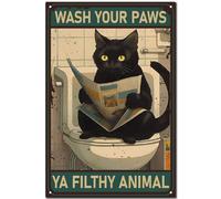 CREATCABIN Panneau Vintage Forme Chat Noir Rétro Métal pour Salle Bain,Affiche Étain,Plaque Fer,Décoration Murale,Art Mural Suspendre pour Toilettes,Toilettes,30x20cm,Wash Your Paws Ya Filthy Animal