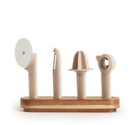 CREATE/Lot de 4 ustensiles de cuisine sable/Support en bois, épluche-fruits et légumes, presse-agrumes, coupe-pizza, ouvre-boîte multifonctions, lavable au lave-vaisselle