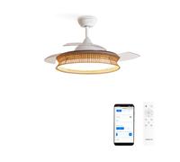 CREATE / WIND CLEAR RATTAN/Ventilateur de plafond avec lumière, télécommande et Wifi, blanc osier nœud / 40W, silencieux, Ø108, minuterie, pales retractables, moteur DC, fonction été-hiver