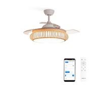 CREATE / WIND CLEAR RATTAN/Ventilateur de plafond avec lumière, télécommande et Wifi, blanc osier ovale / 40W, silencieux, Ø108, minuterie, pales retractables, moteur DC, fonction été-hiver